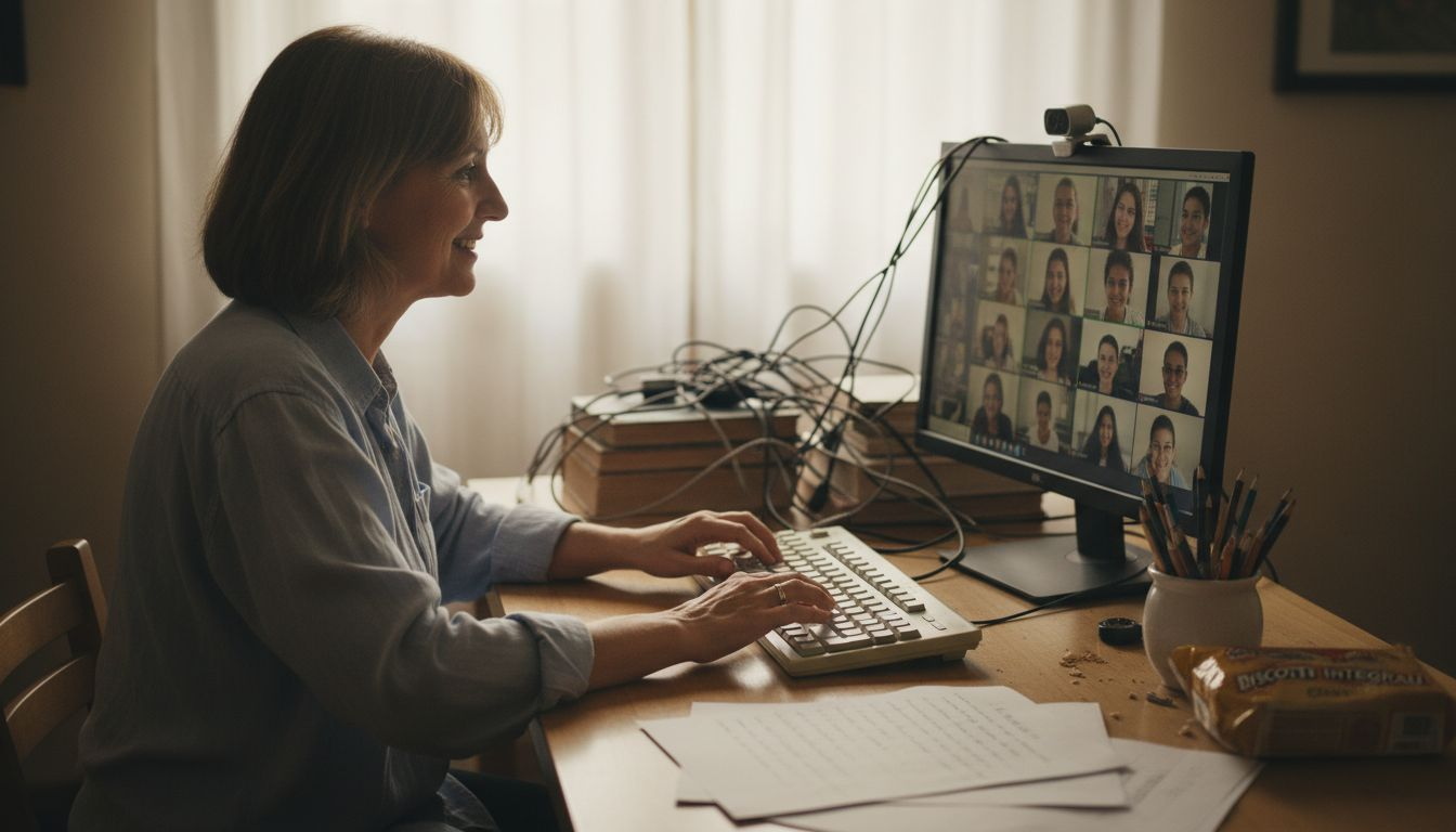 Un docente illustra le lezioni online rivolgendosi alla webcam