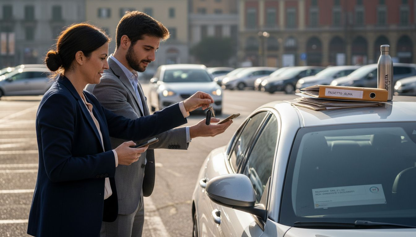 Una donna d'affari consegna le chiavi dell'auto all'aperto