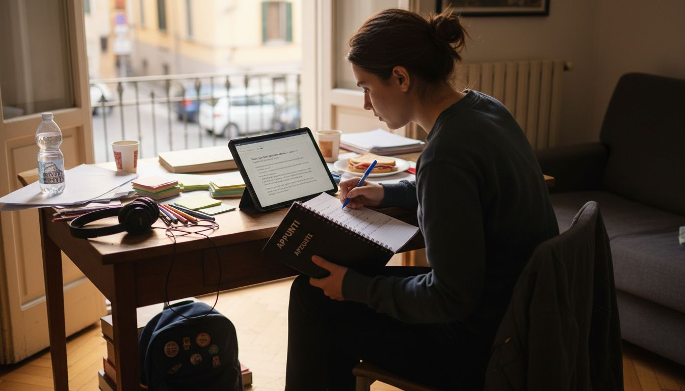 Uno studente si organizza per studiare in uno spazio di lavoro ricavato direttamente nel suo appartamento.