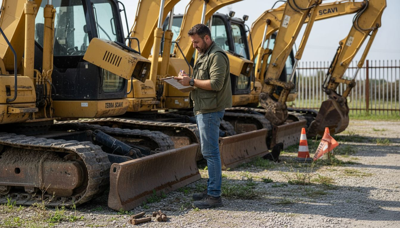 Un tecnico controlla lo stato degli escavatori a noleggio