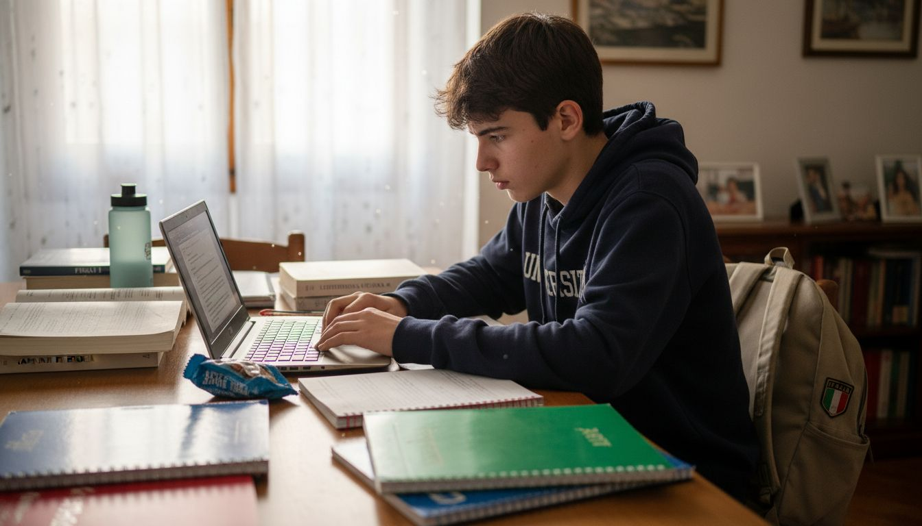 Uno studente alle prese con lo studio per il diploma, seduto a una scrivania piena di libri, appunti sparsi e qualche snack, immerso tra il caos dei materiali scolastici.