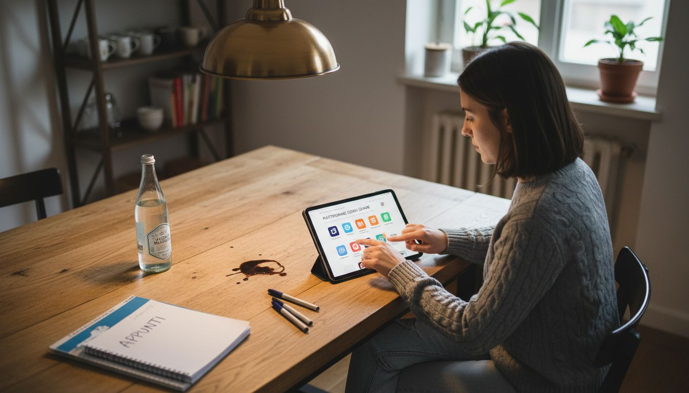 Una donna valuta e mette a confronto diverse piattaforme di corsi online per scegliere quella più adatta alle sue esigenze.