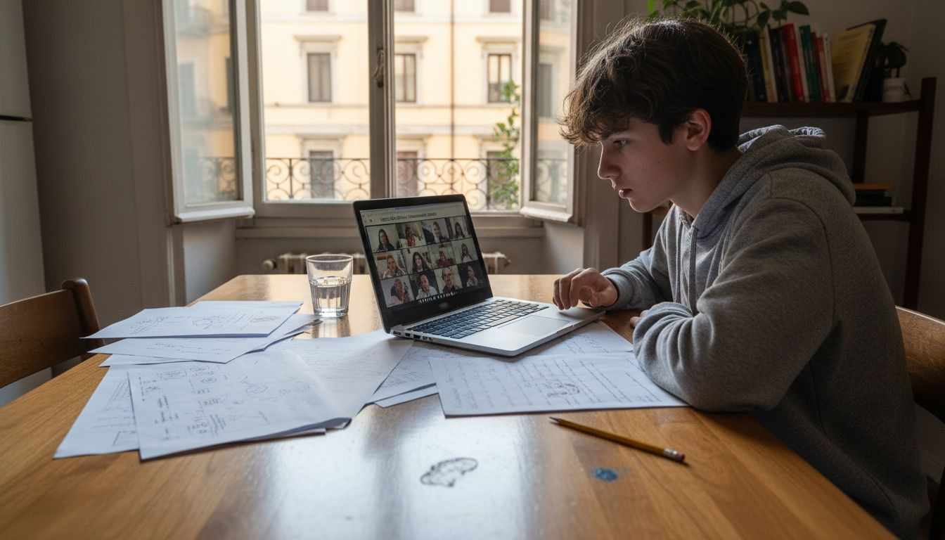 Uno studente sta seguendo una lezione online comodamente da casa.