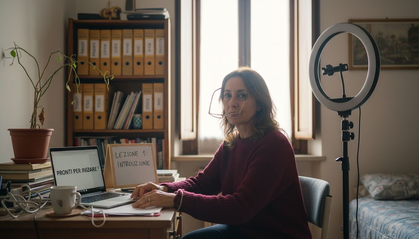 Un insegnante si dedica a preparare una videolezione comodamente da casa.