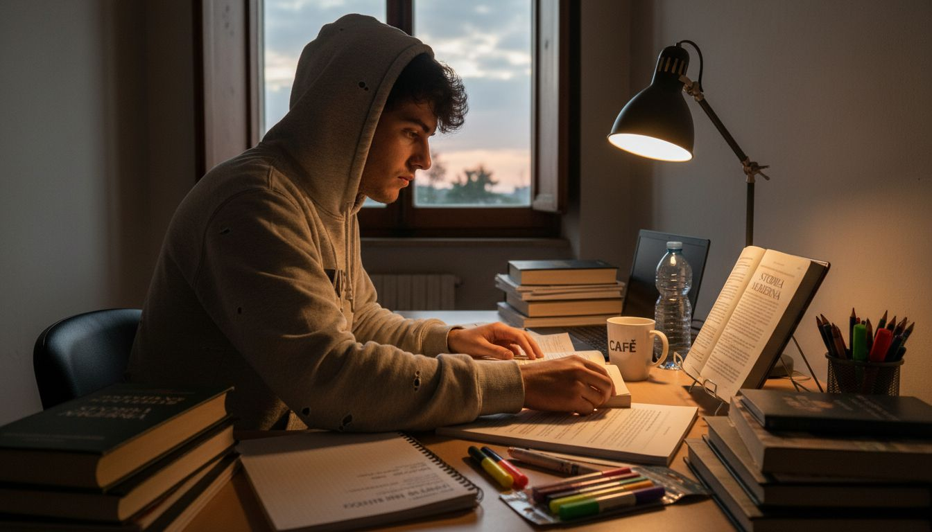 Uno studente sistema libri e quaderni sulla propria scrivania, mettendo ordine tra il materiale di studio.