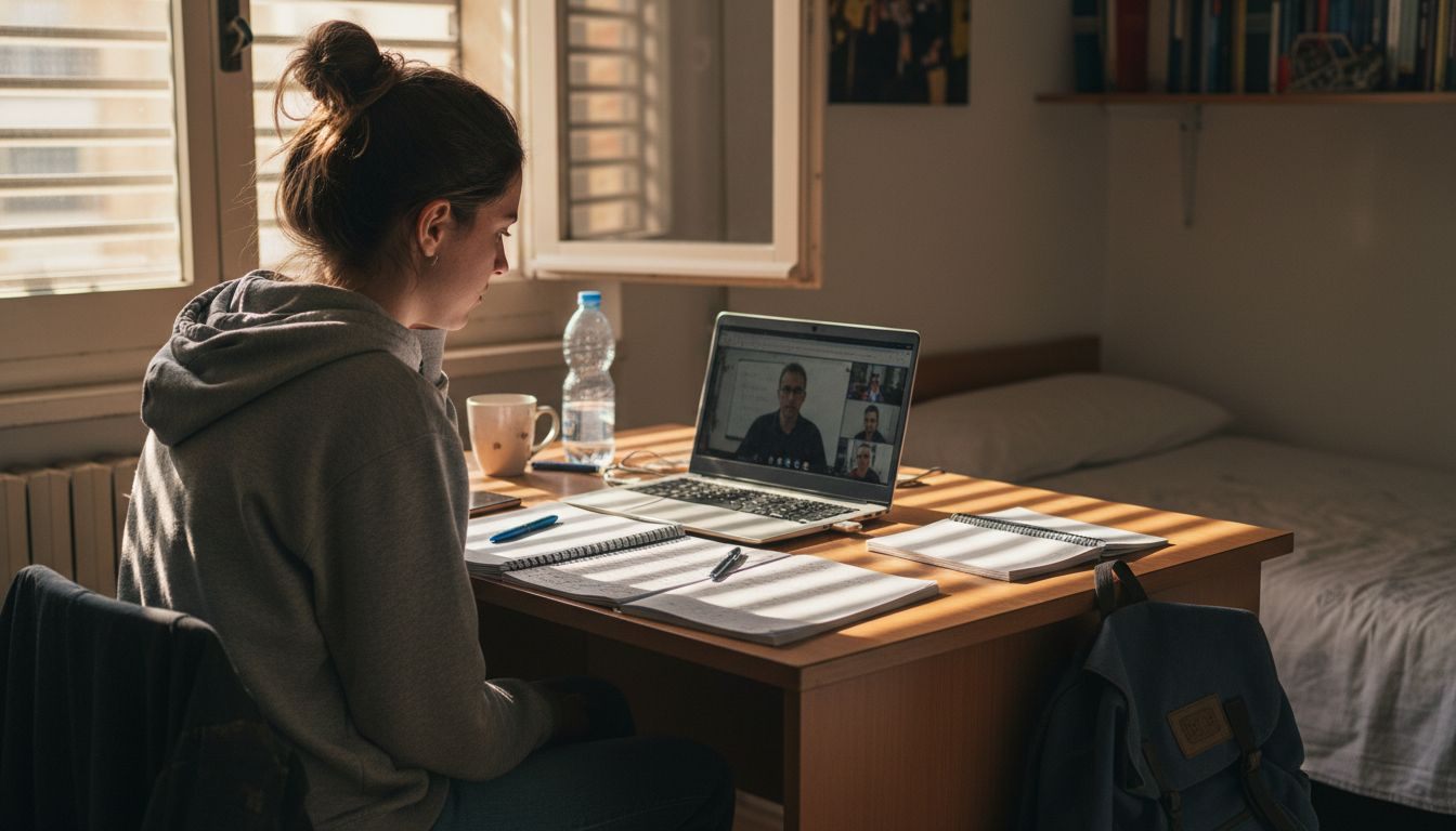 Ragazza che segue le lezioni online comodamente nella sua camera