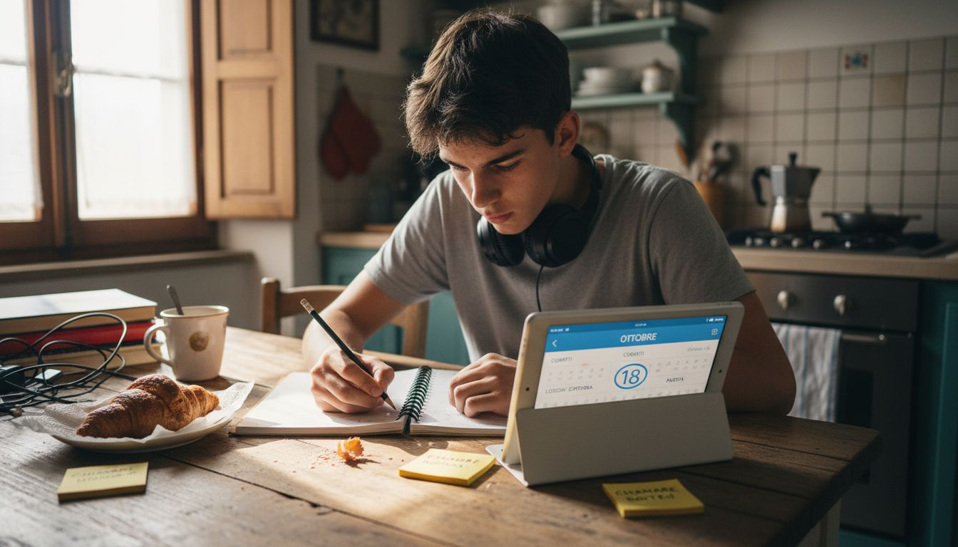 Uno studente seduto al tavolo della cucina organizza i suoi obiettivi di studio, tra libri aperti e appunti sparsi.