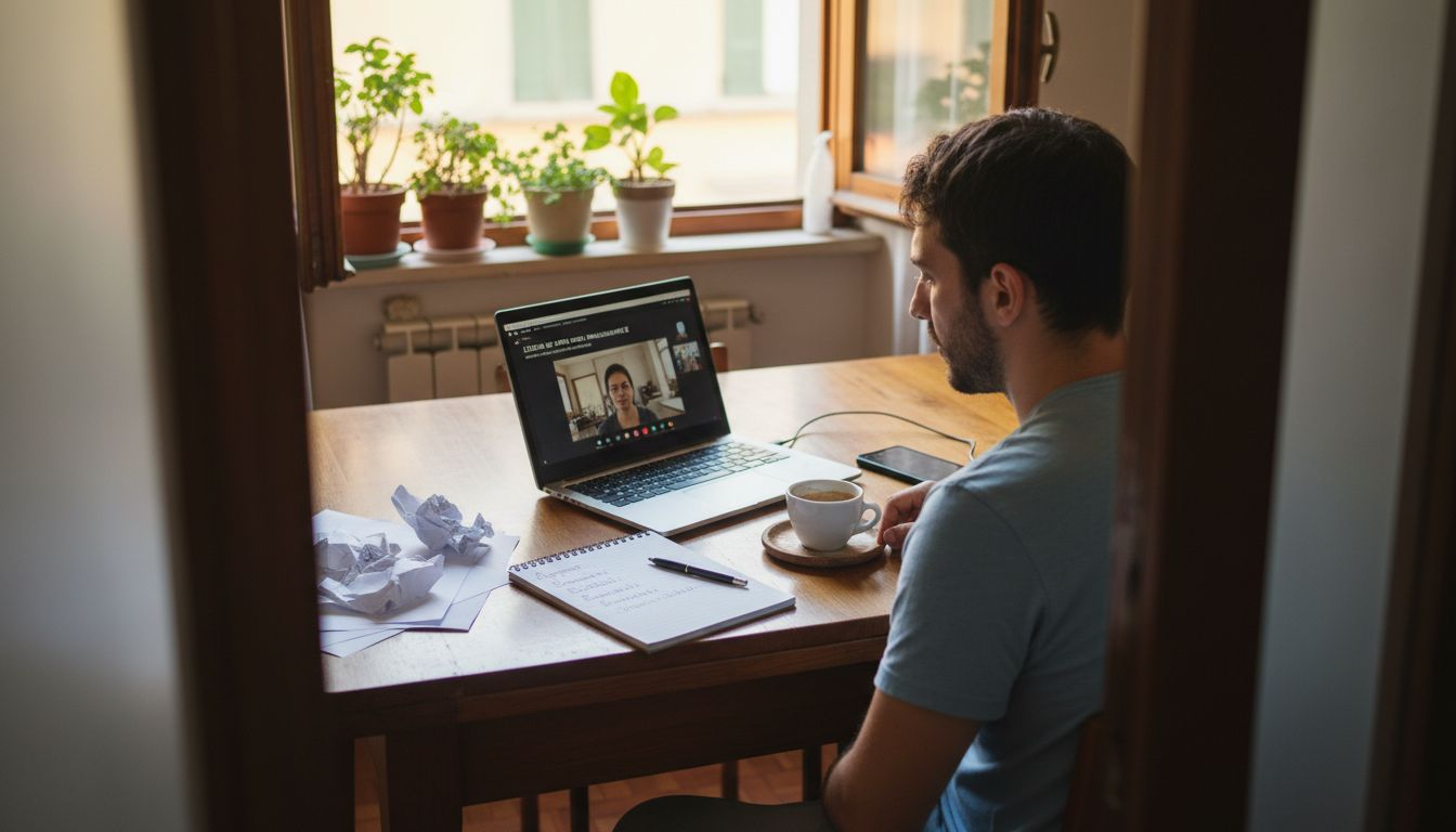 Uno studente italiano sta seguendo una lezione online comodamente da casa.