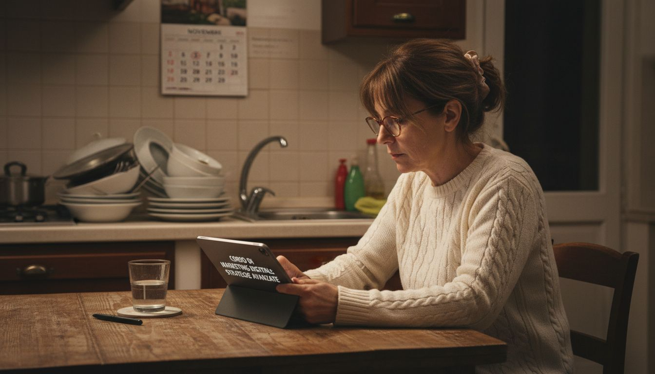 Dopo una giornata di lavoro ai fornelli, si dedica allo studio online.