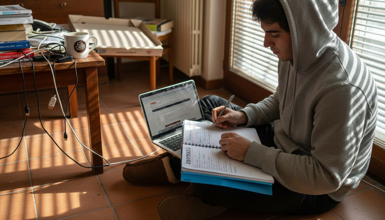 Uno studente si prepara per il diploma studiando da solo attraverso corsi online.