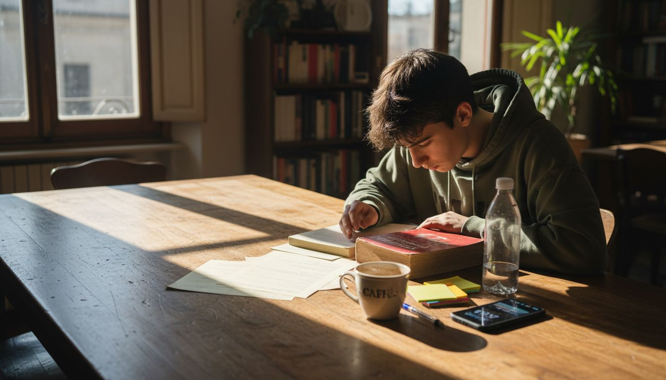 Uno studente si prepara agli esami finali mettendo in ordine appunti e materiali di studio.