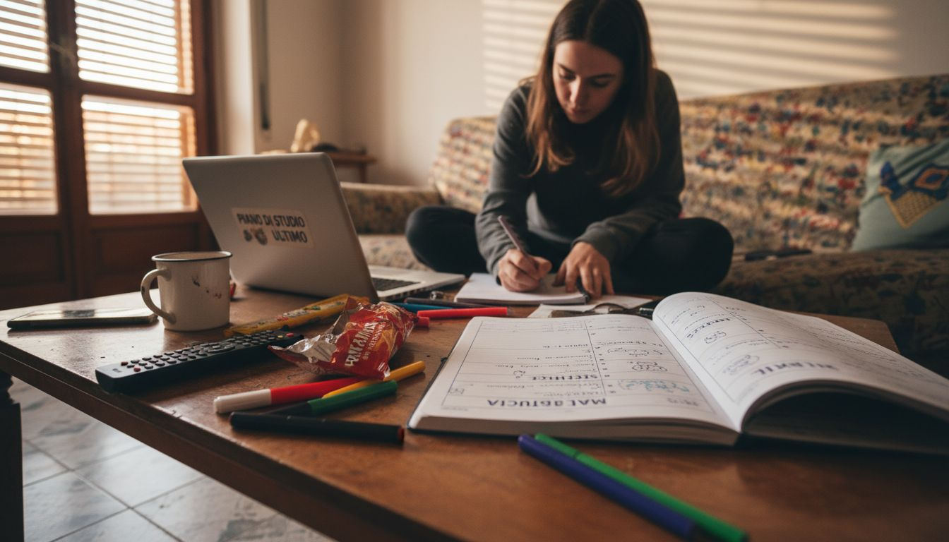 Seduta comodamente sul divano, una studentessa organizza il suo programma di studio, pianificando le materie e gli orari per i prossimi giorni.
