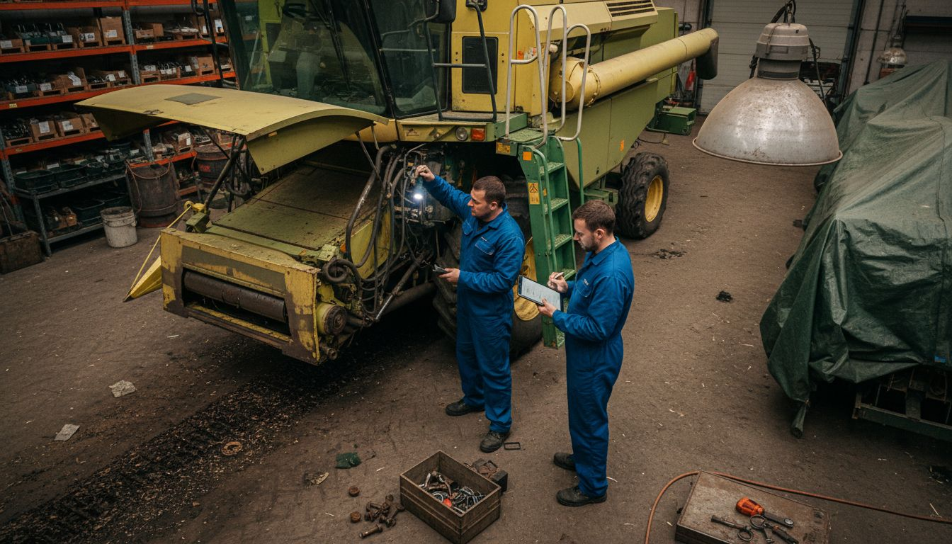 Un team di tecnici sta controllando la mietitrebbia all’interno del capannone.