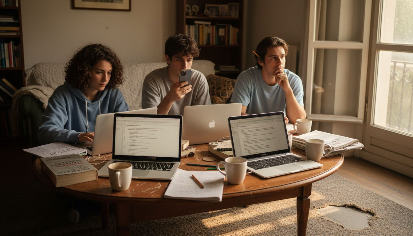 Ragazzi che studiano insieme, rilassati sul divano di casa, tra libri e appunti sparsi, creando un'atmosfera accogliente e familiare.