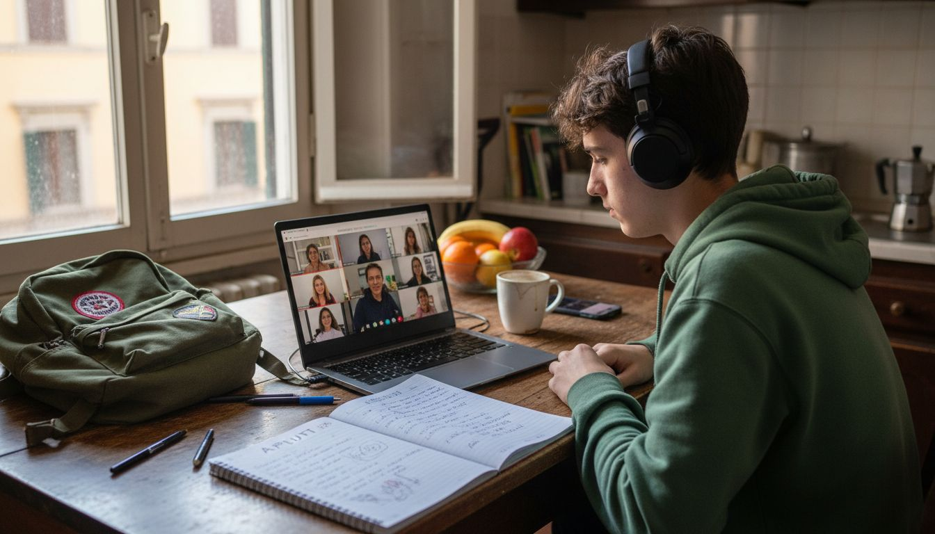 Ragazzo delle superiori che studia e lavora da casa