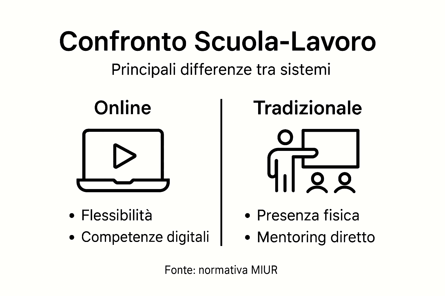 Confronto visivo tra percorsi scuola-lavoro digitali e tradizionali: scopri tutte le differenze in un’infografica chiara e intuitiva.