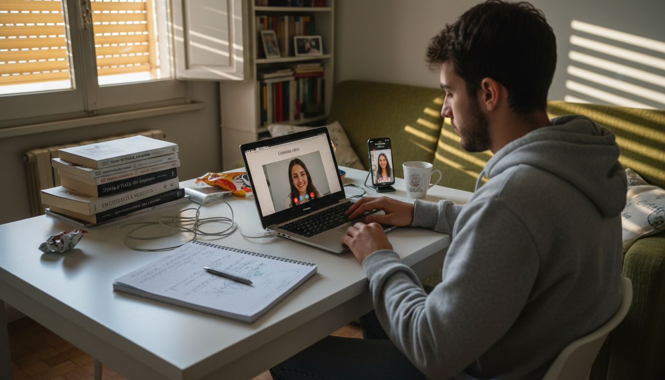 Uno studente che segue le lezioni online e sfrutta gli strumenti di intelligenza artificiale per studiare in modo più efficace.
