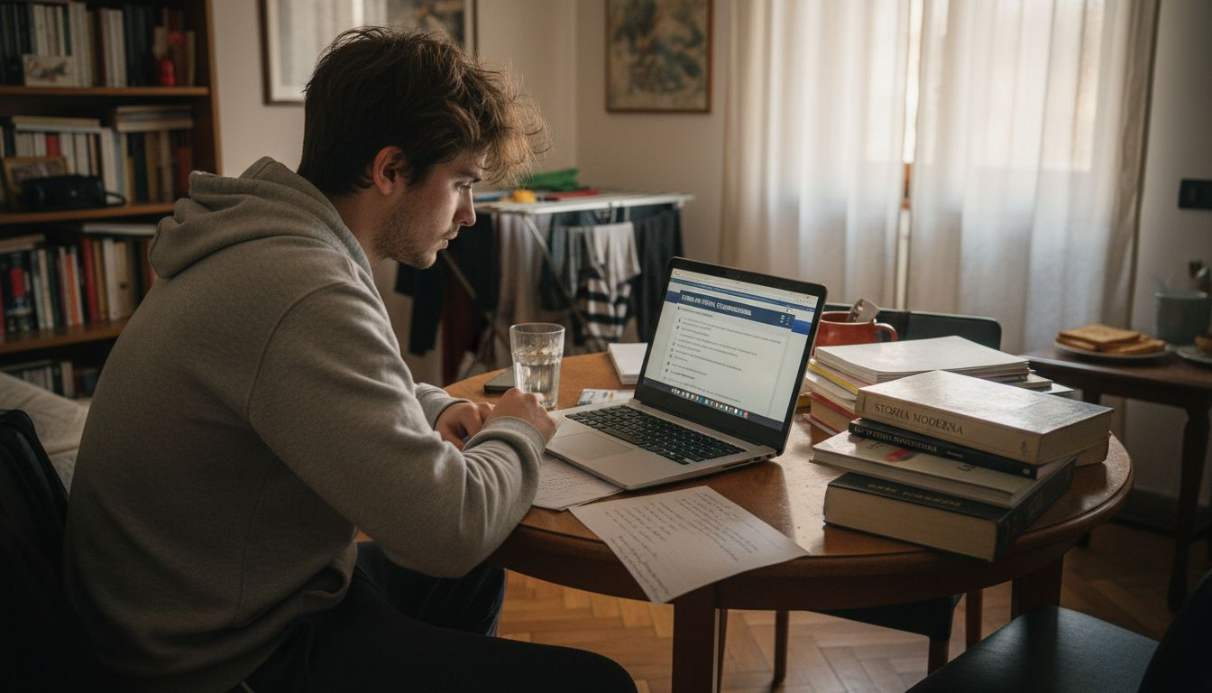 Studente che sta completando i crediti per il diploma seguendo le lezioni online da casa