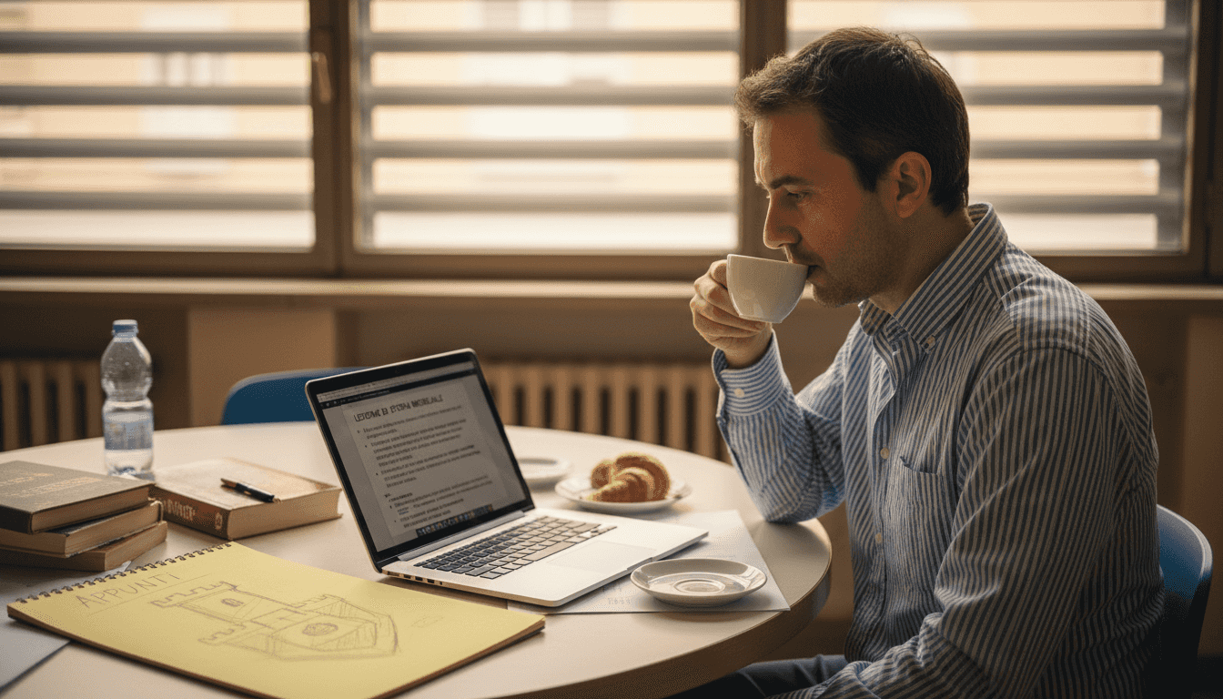 Un'insegnante si dedica alla preparazione di una lezione digitale seduta comodamente al tavolo del soggiorno.