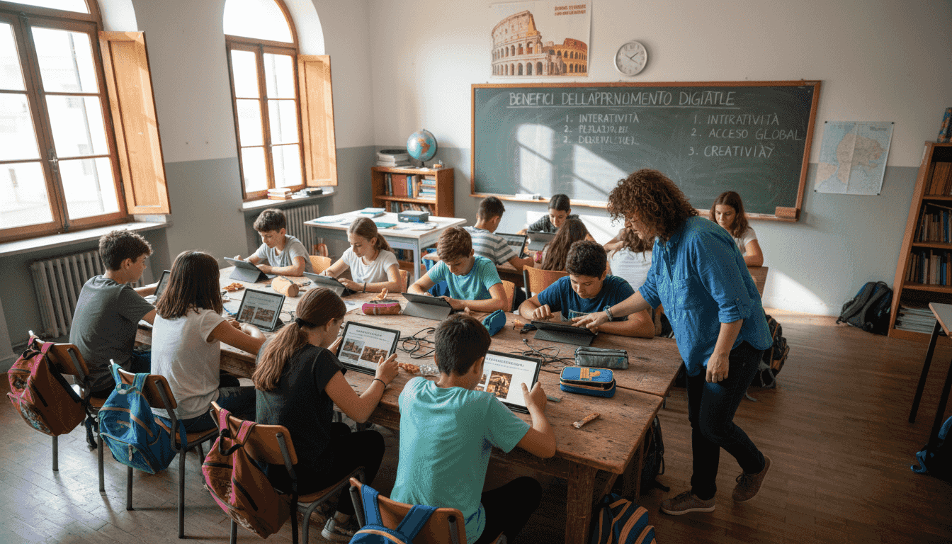 In una classe luminosa, gli studenti sono impegnati con i loro tablet, concentrati sulle attività digitali.