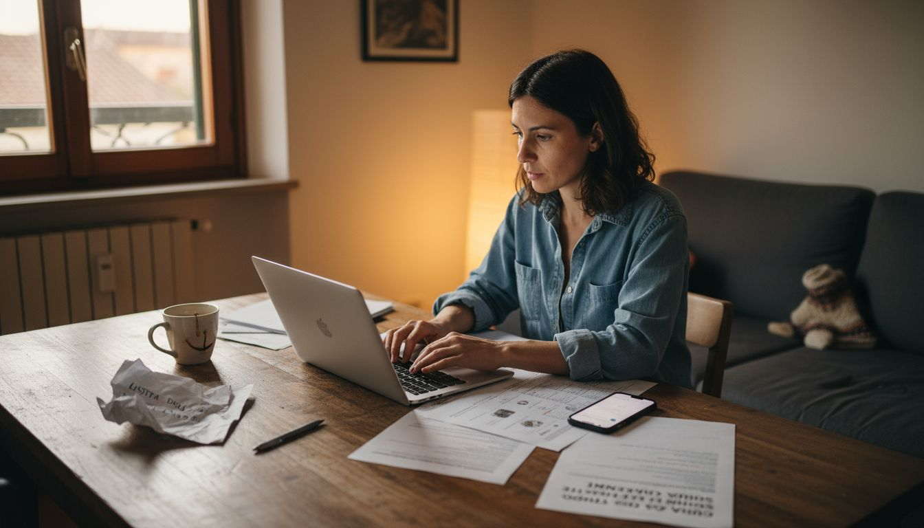 Un adulto che studia in modo flessibile, comodamente a casa, magari seduto sul divano con una tazza di caffè e il computer sulle ginocchia.