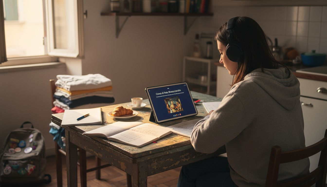 Uno studente segue una lezione online seduto al tavolo della cucina.