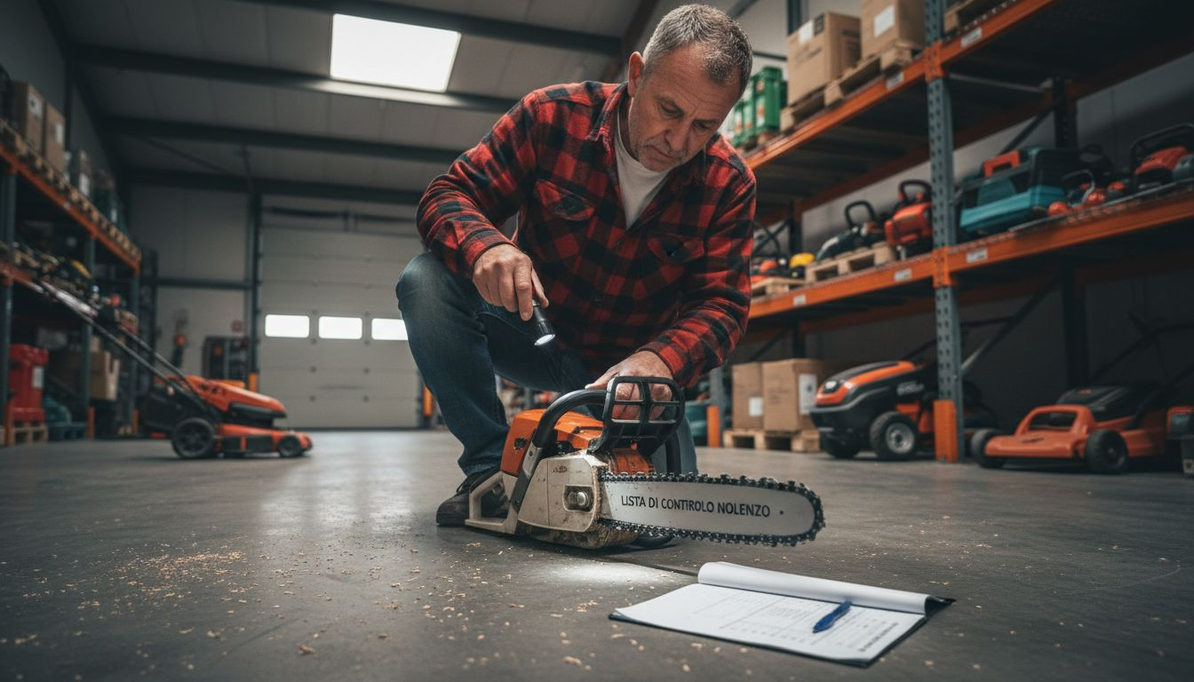 Un uomo controlla la motosega nel suo deposito degli attrezzi.