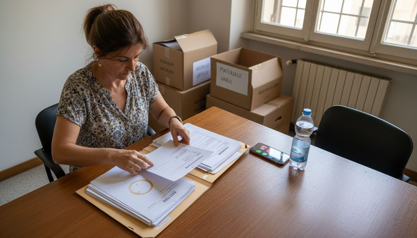 Una donna si occupa della gestione delle pratiche per il noleggio di eventi, seduta alla sua scrivania.