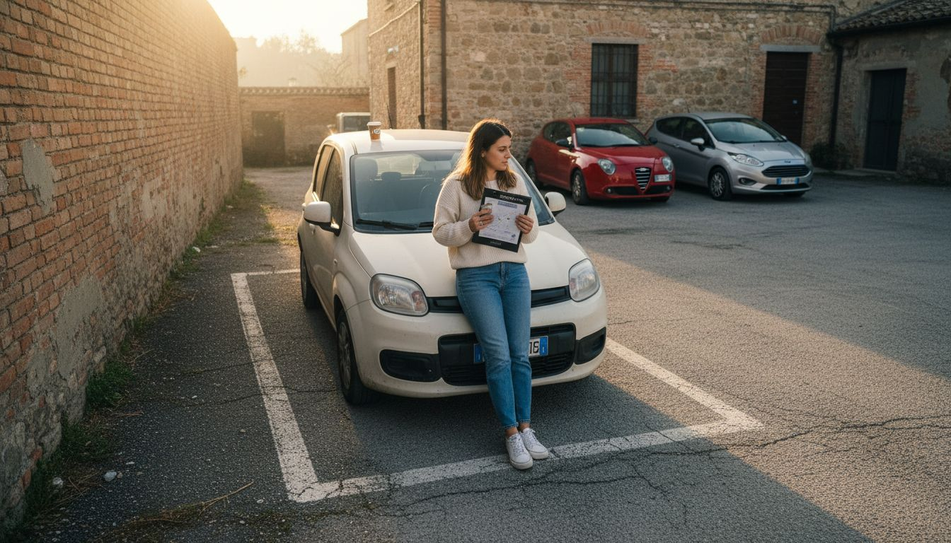 Donna con una cartella nel parcheggio delle auto a noleggio in Italia