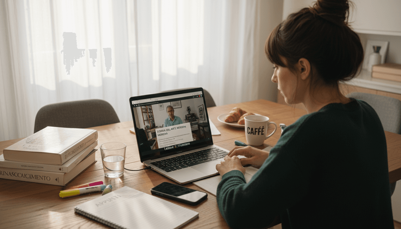 Donna che studia comodamente da casa utilizzando una piattaforma online