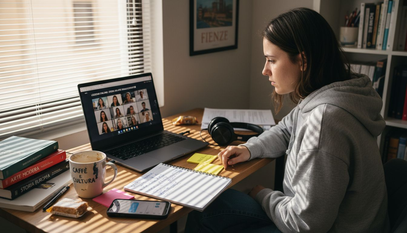 Uno studente si organizza lo spazio di lavoro per seguire una lezione online