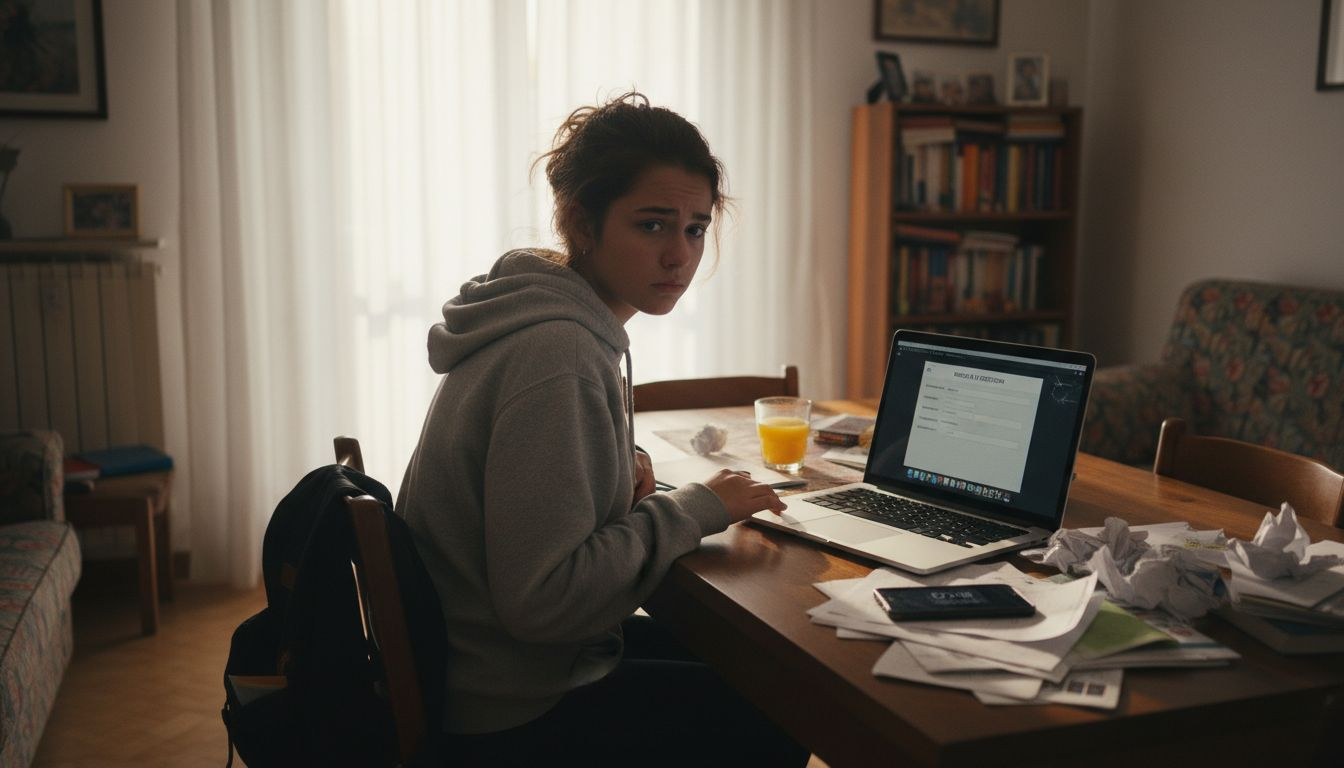 Adolescente in difficoltà davanti ai moduli scolastici online