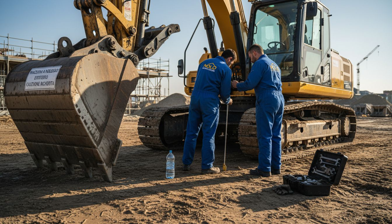 Squadra di tecnici al lavoro in cantiere con escavatore a noleggio