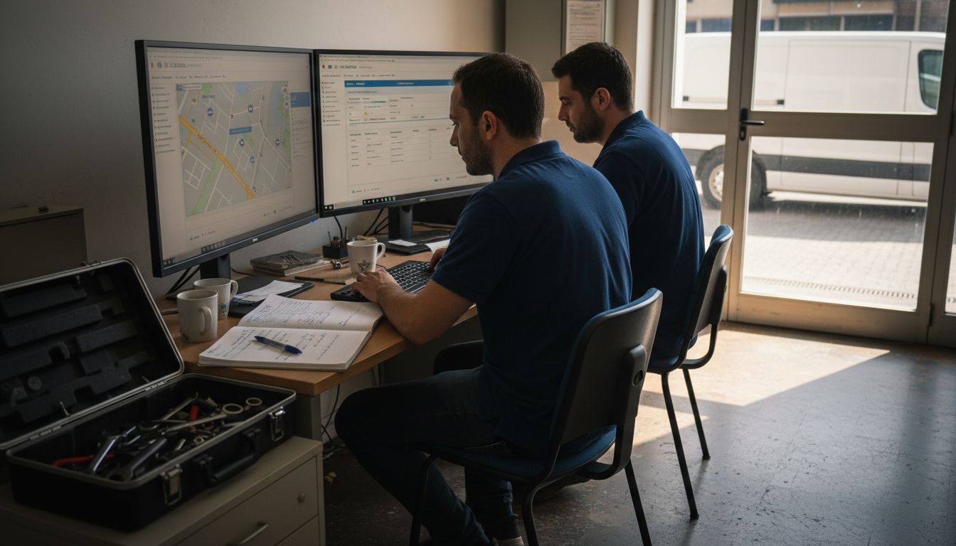Tecnici al lavoro sull’impostazione del software per la gestione delle flotte.