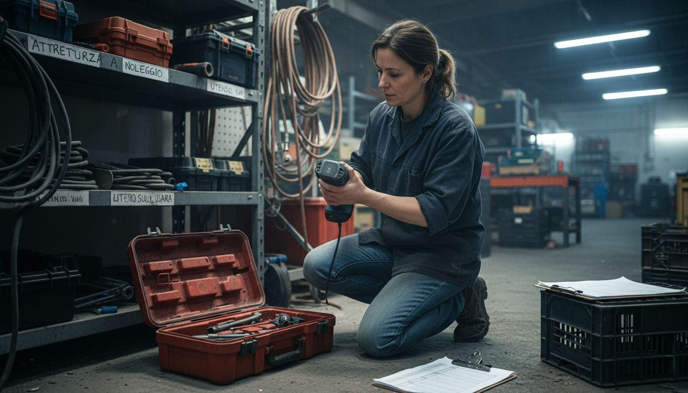 Un tecnico controlla attentamente le attrezzature a noleggio per garantirne la qualità.