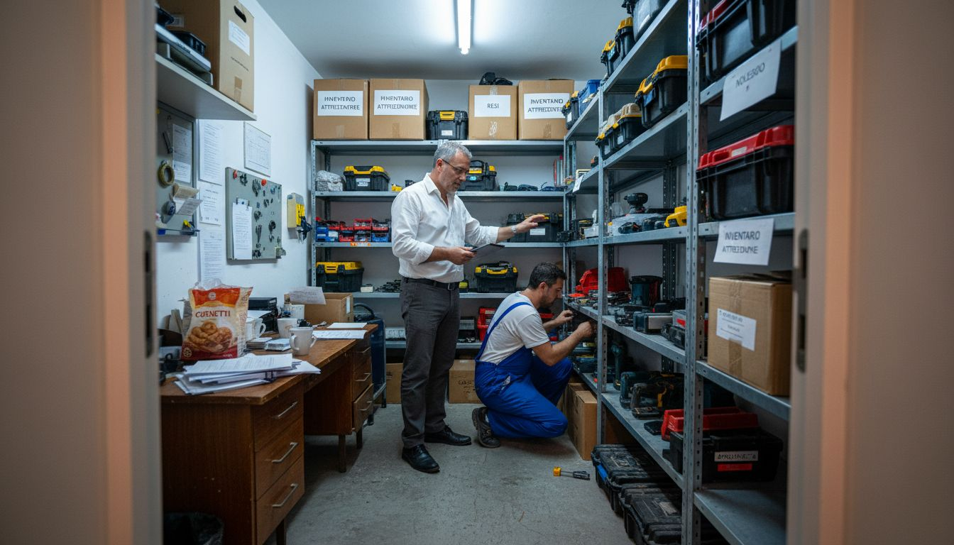 Il personale della società di noleggio controlla lo stato e la disponibilità degli articoli in magazzino.