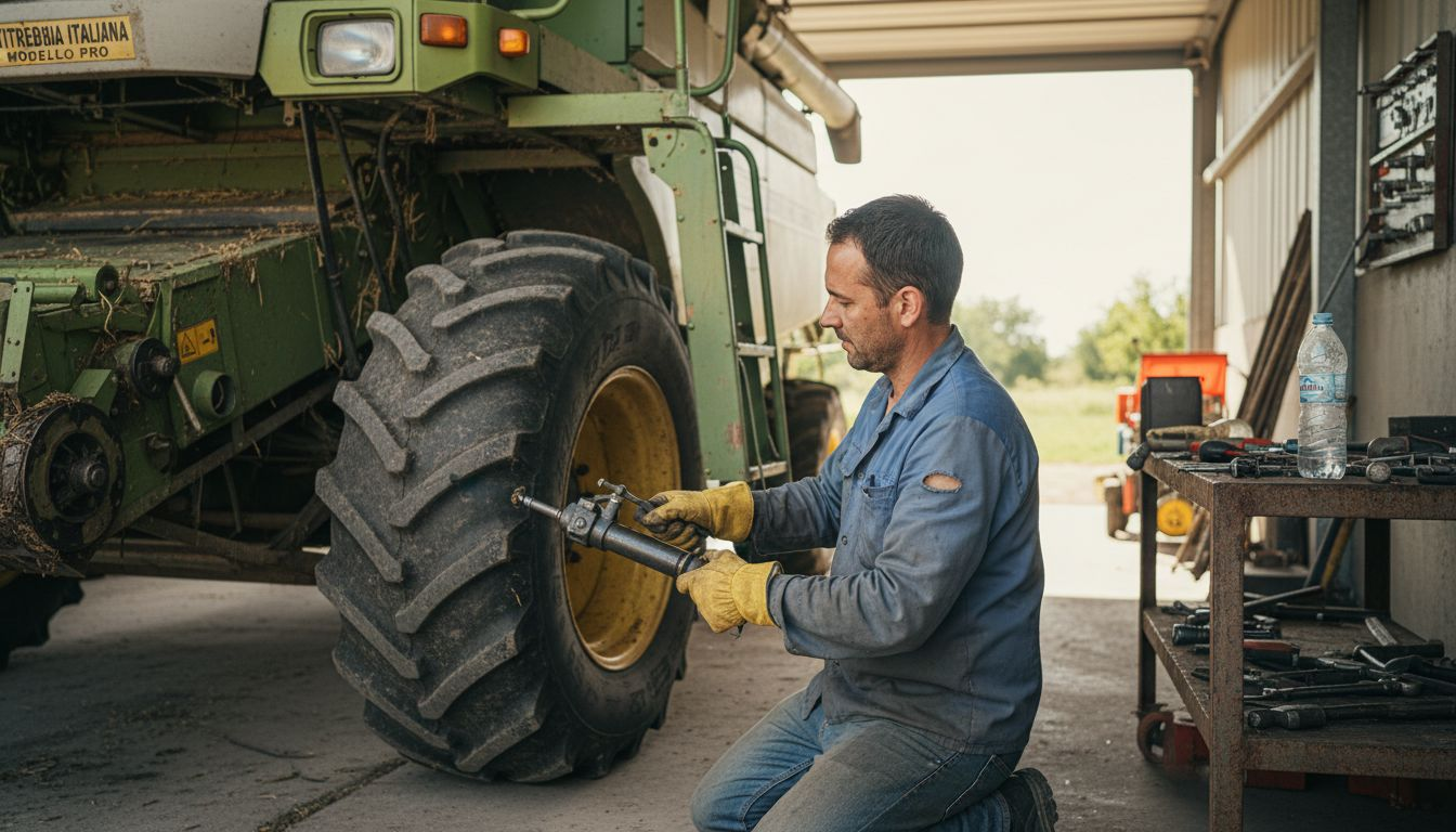 Un tecnico sta controllando una mietitrebbia all’interno del capannone.