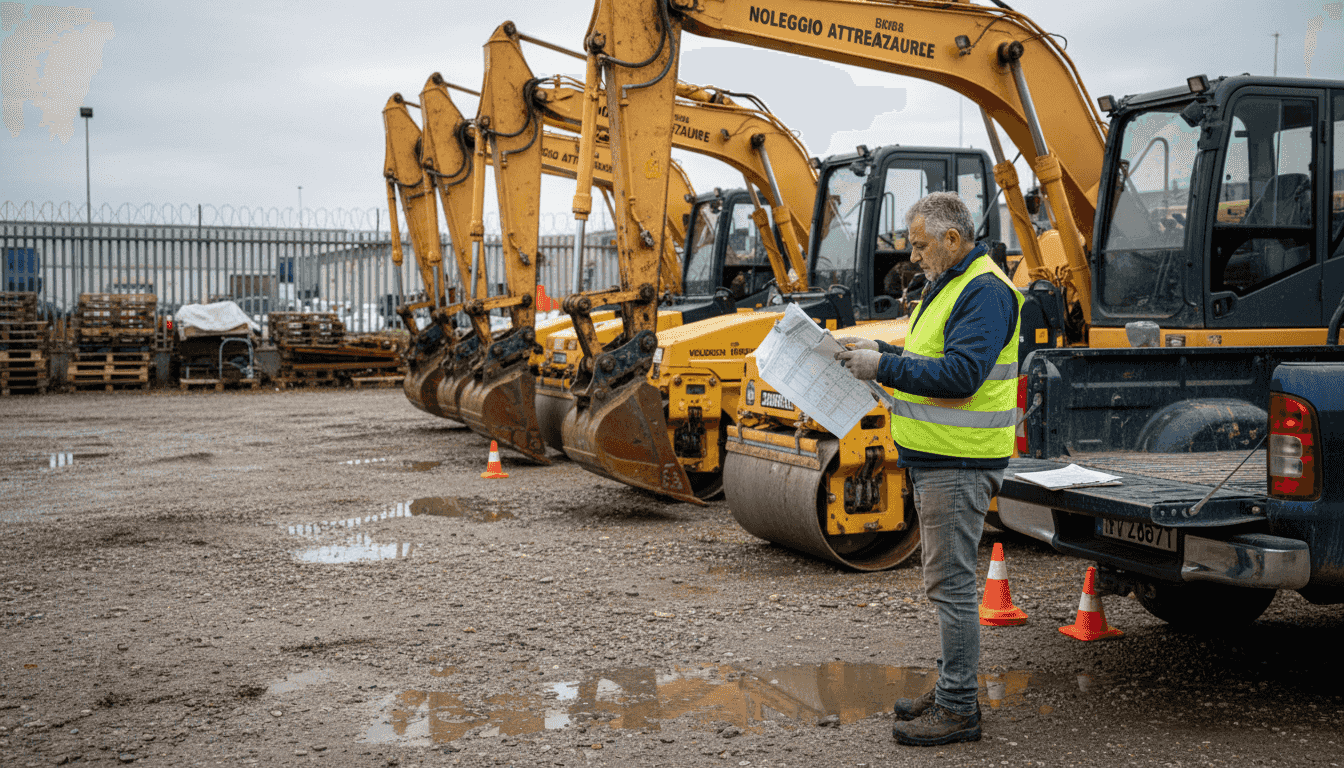Un operatore controlla le attrezzature a noleggio nel piazzale.