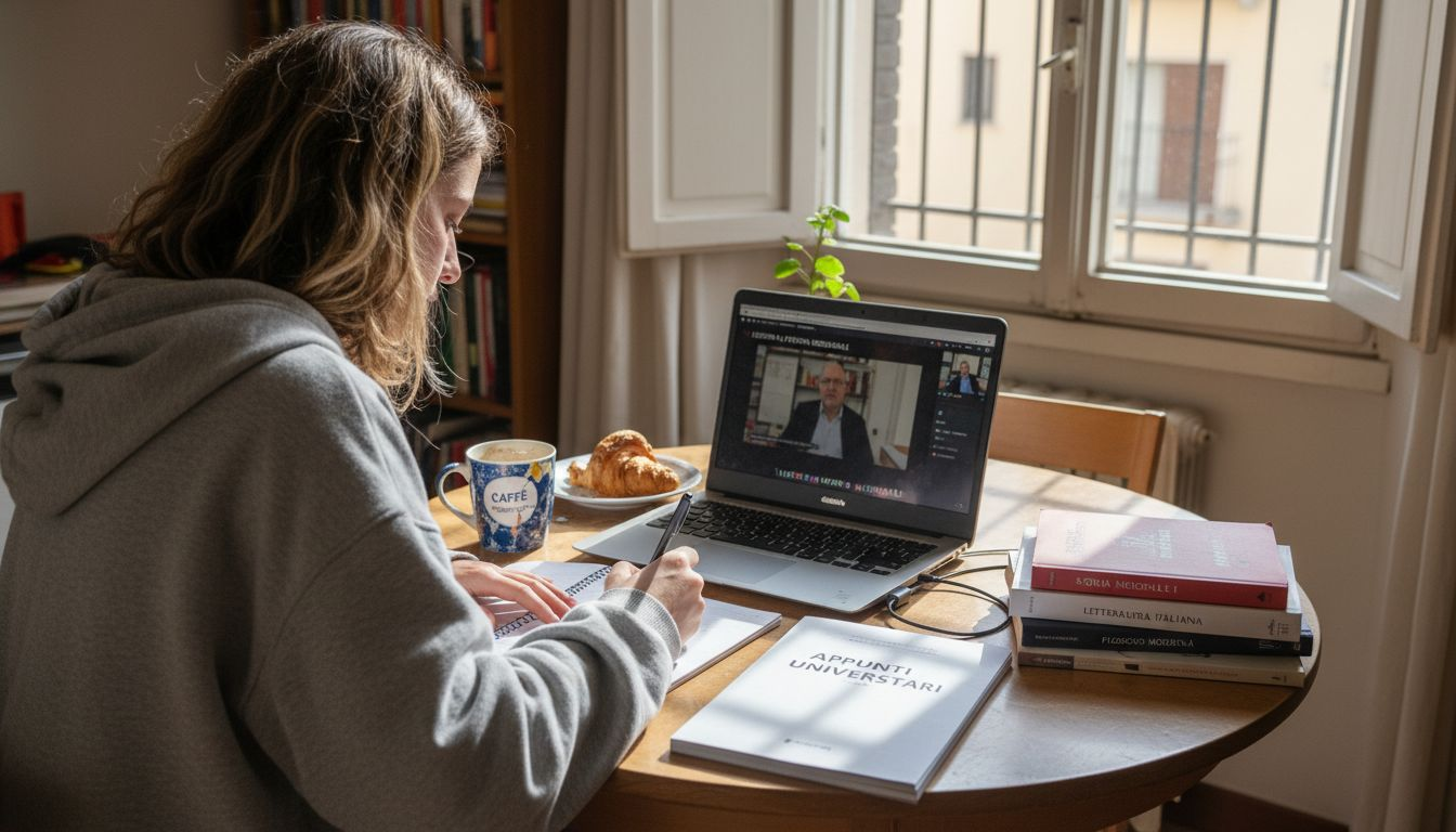 Uno studente segue una lezione online seduto al tavolo della cucina.