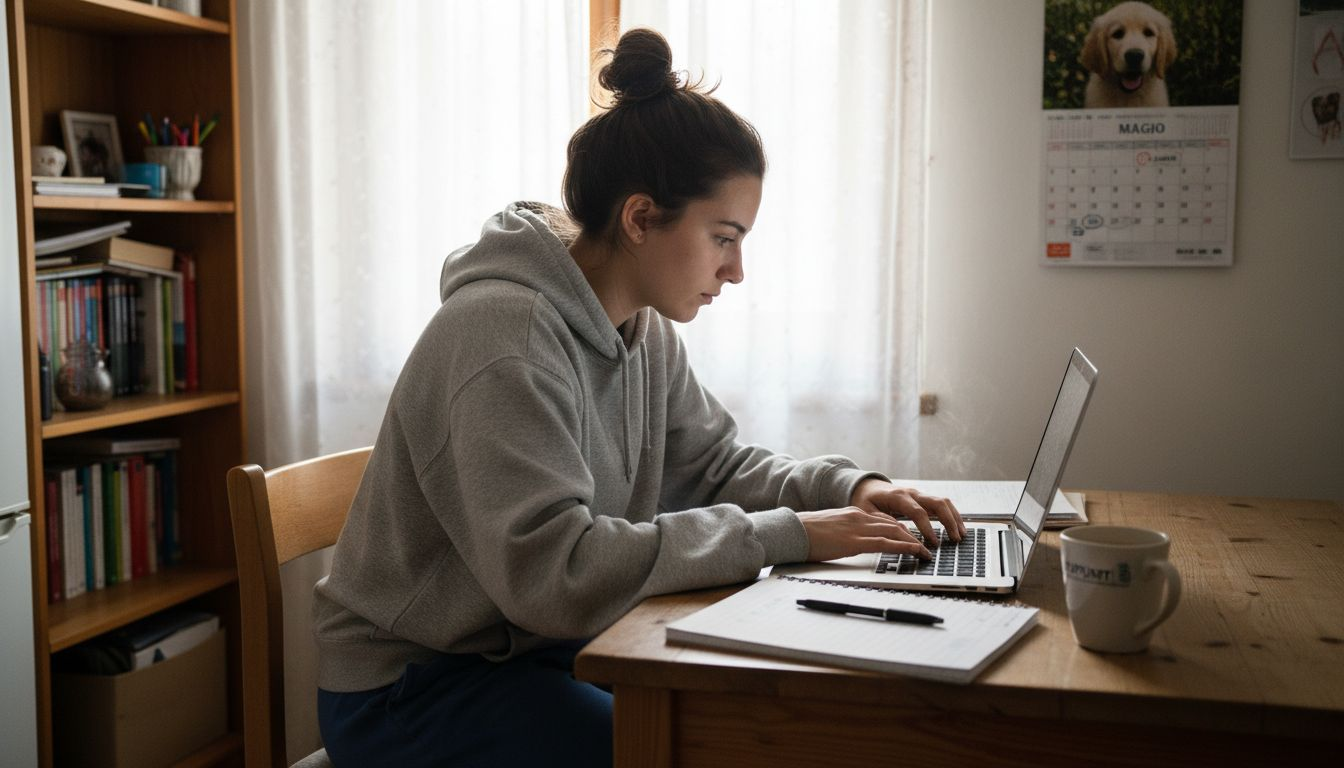 Una studentessa che studia e segue le lezioni online seduta al tavolo della cucina.
