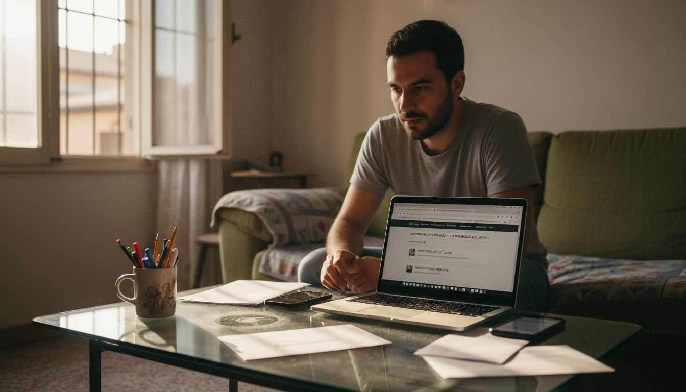Un uomo controlla la validità del suo diploma online mentre sorseggia un caffè al tavolino.