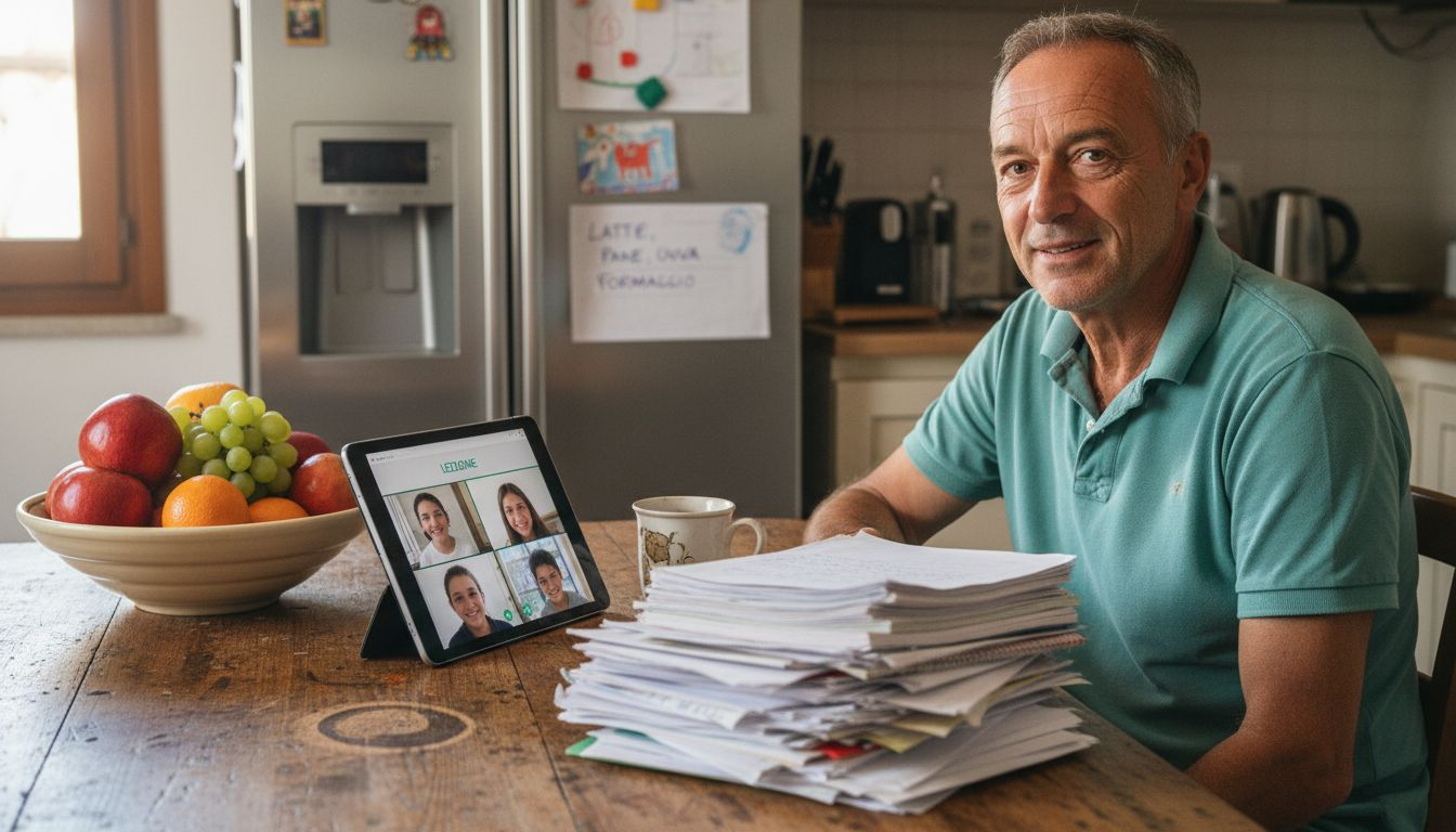 Un insegnante tiene una lezione online utilizzando un tablet, seduto al tavolo della cucina.