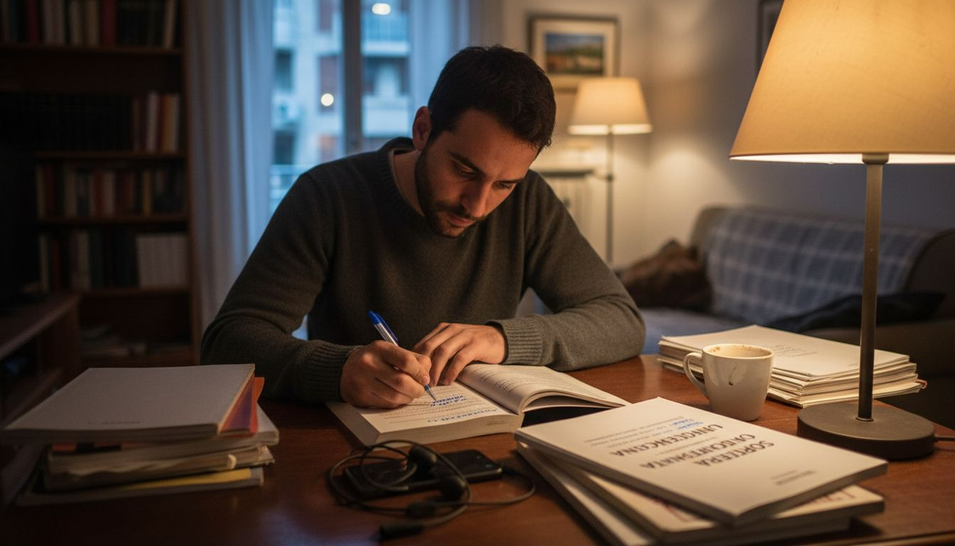Un adulto ripassa gli appunti la sera, comodamente a casa.