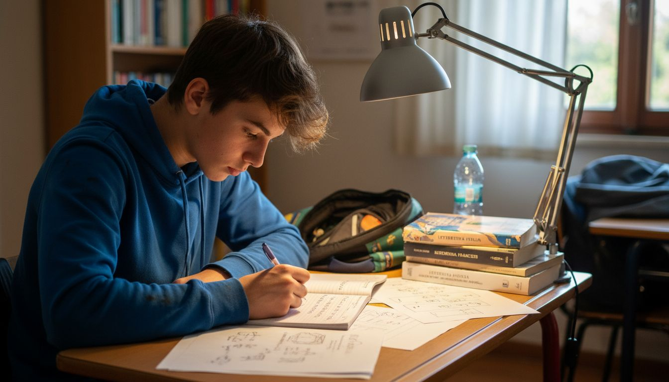 Uno studente si prepara per un esame studiando a casa.