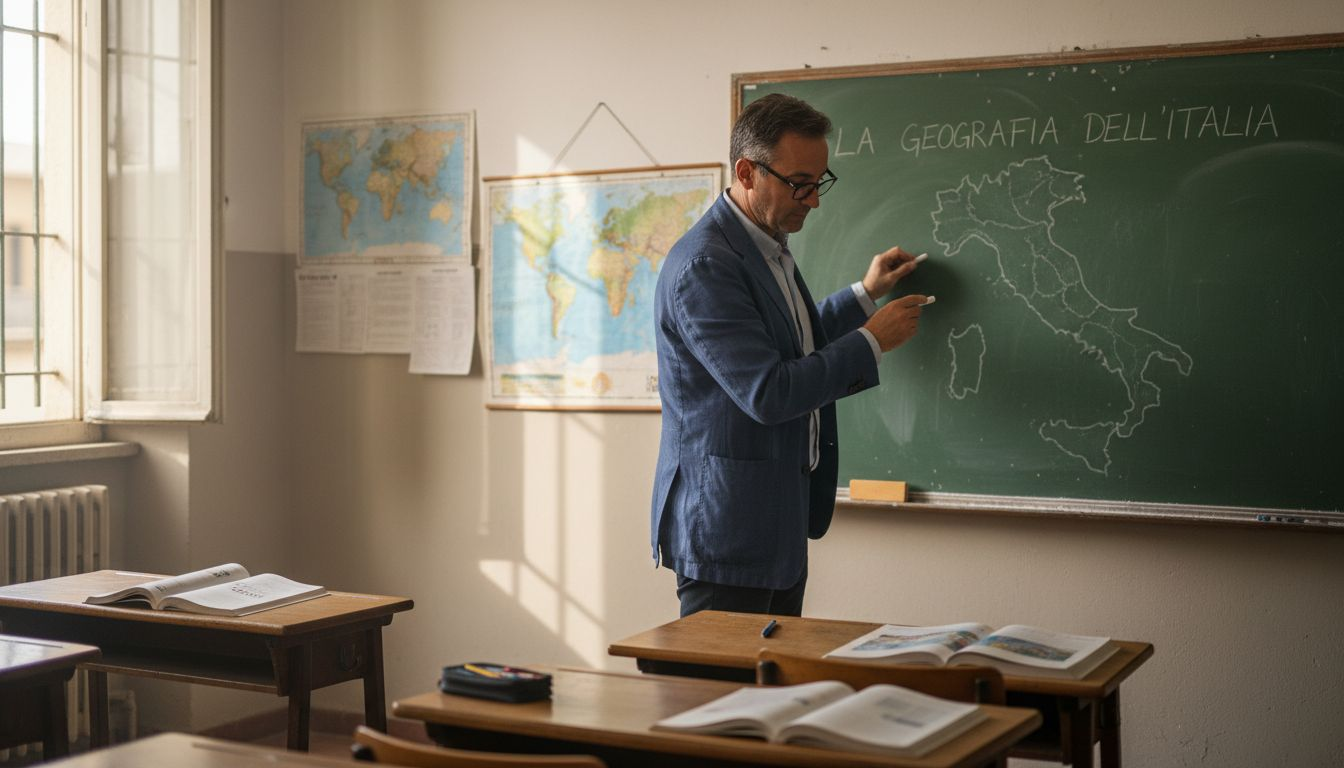 L’insegnante annota spiegazioni alla lavagna durante una lezione in aula.