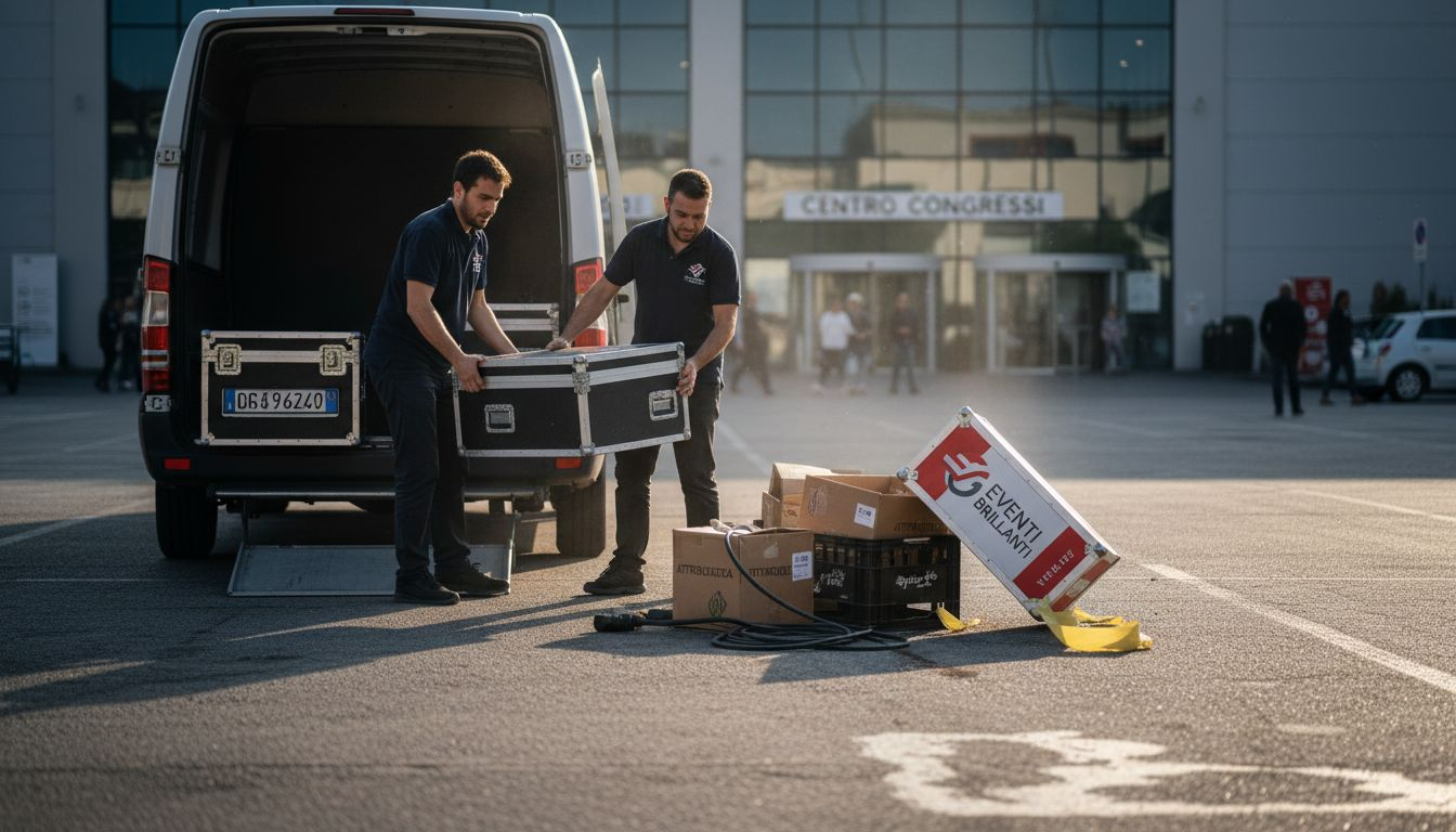 Il personale dell’evento sta scaricando le attrezzature noleggiate direttamente sul luogo della manifestazione.