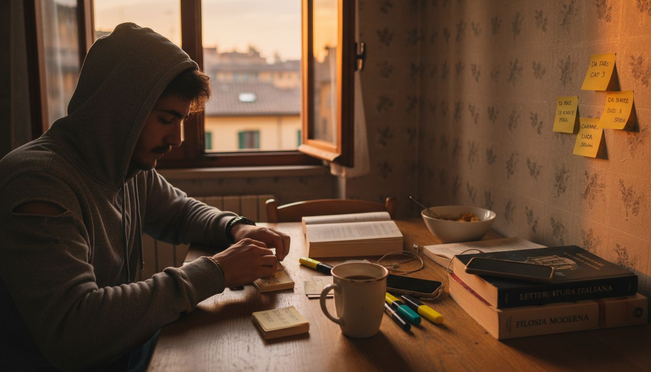 Uno studente sistema la propria postazione di studio sul tavolo di casa, organizzando libri e materiali per prepararsi al meglio.