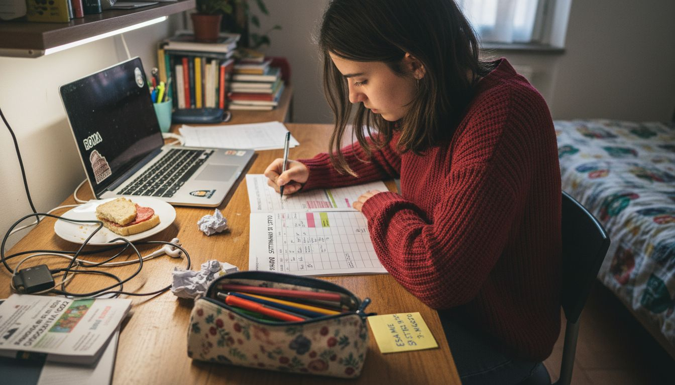 Una ragazza adolescente sta controllando il suo planner di studio personalizzato, organizzando le materie e gli impegni in base alle sue esigenze.