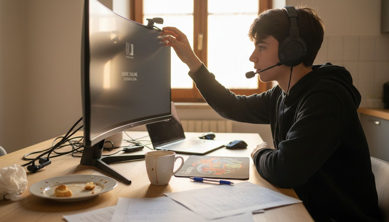 Uno studente si sistema davanti al computer per sostenere un esame online.