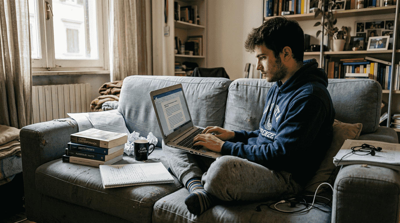 Un ragazzo si dedica allo studio online comodamente seduto nel soggiorno di casa.